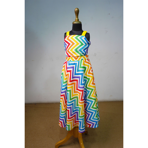Rainbow Zig-Zag Dress With Yellow Cape | Girls Colourful Party Outfit