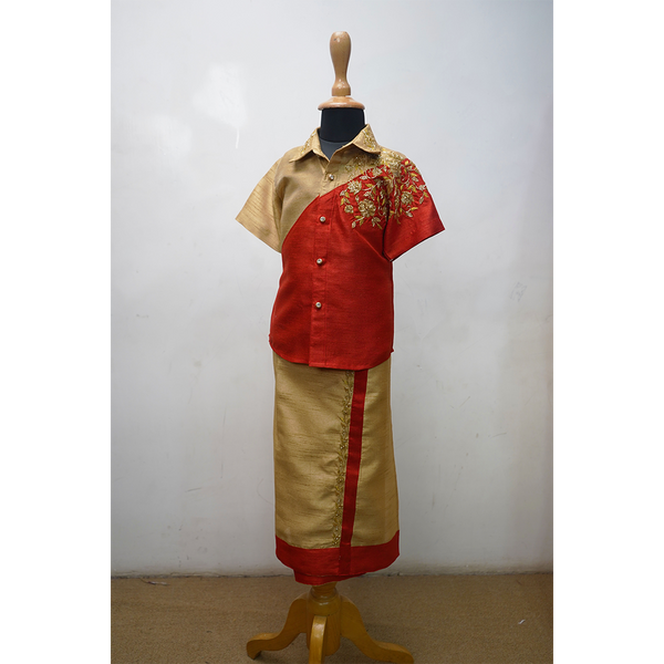 Maroon & Gold Father Son Matching Veshti Shirt Combo  Traditional Twinning Set