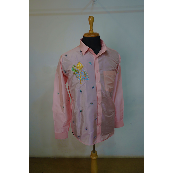 Pastel Pink Peacock Embroidered Cotton Shirt for Men