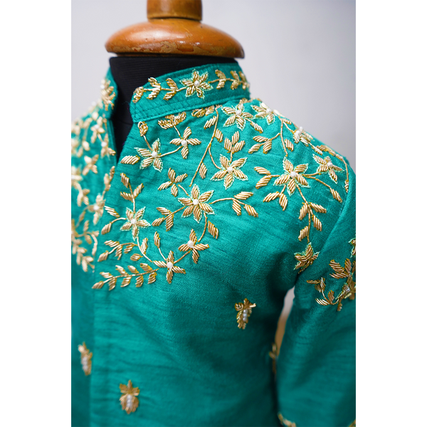 Golden Embroidered Teal Sherwani With Dhoti – Kids Ethnic Wear