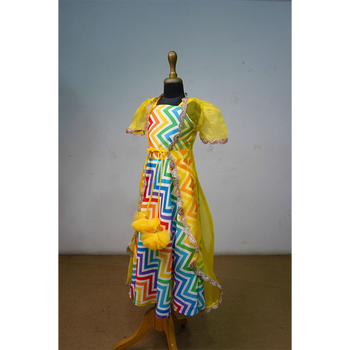 Rainbow Zig-Zag Dress With Yellow Cape | Girls Colourful Party Outfit