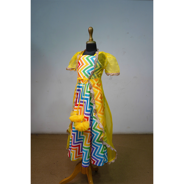 Rainbow Zig-Zag Dress With Yellow Cape | Girls Colourful Party Outfit