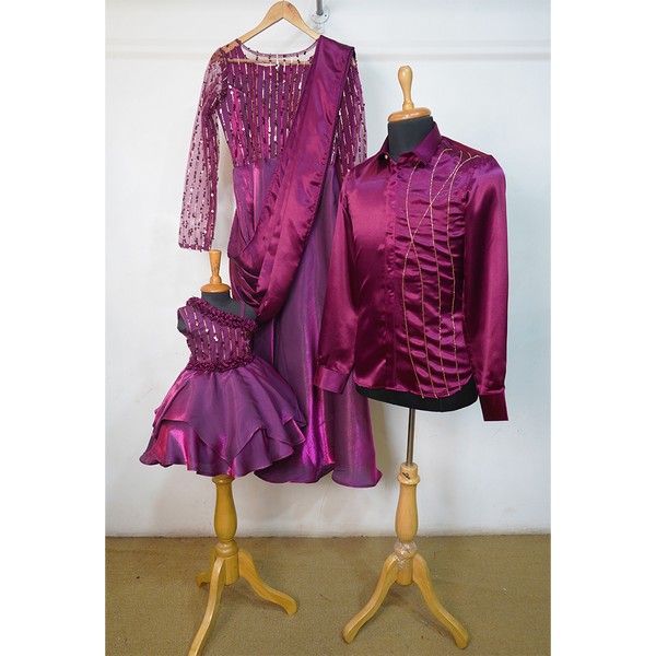 Plum Satin Family Matching Party Wear Set