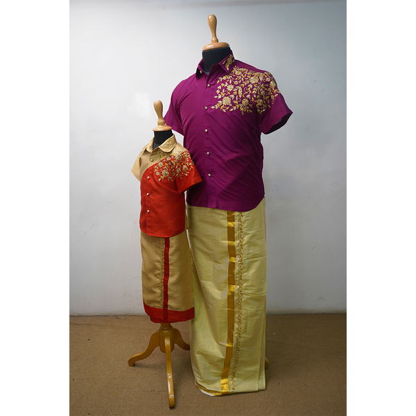 Maroon & Gold Father Son Matching Veshti Shirt Combo  Traditional Twinning Set