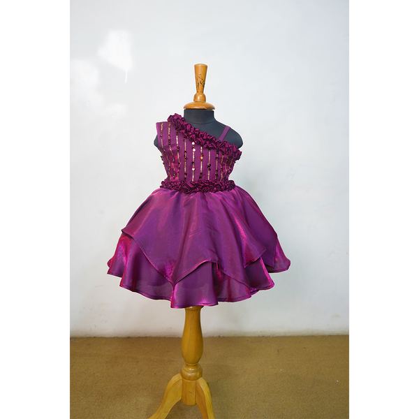 Plum Shimmer One-Shoulder Party Wear Frock for Girls