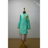 Asymmetric Gold Embroidered Mint Sherwani With Dhoti – Kids Ethnic Wear
