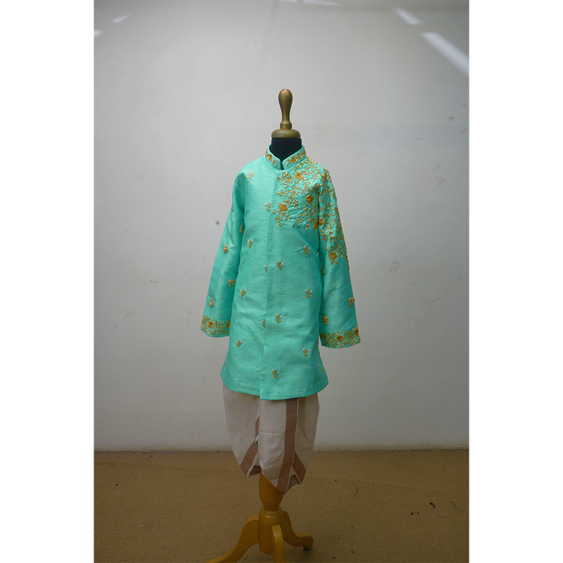 Asymmetric Gold Embroidered Mint Sherwani With Dhoti – Kids Ethnic Wear