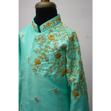 Asymmetric Gold Embroidered Mint Sherwani With Dhoti – Kids Ethnic Wear