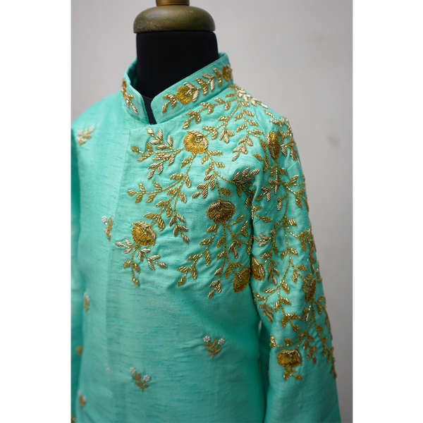 Asymmetric Gold Embroidered Mint Sherwani With Dhoti – Kids Ethnic Wear