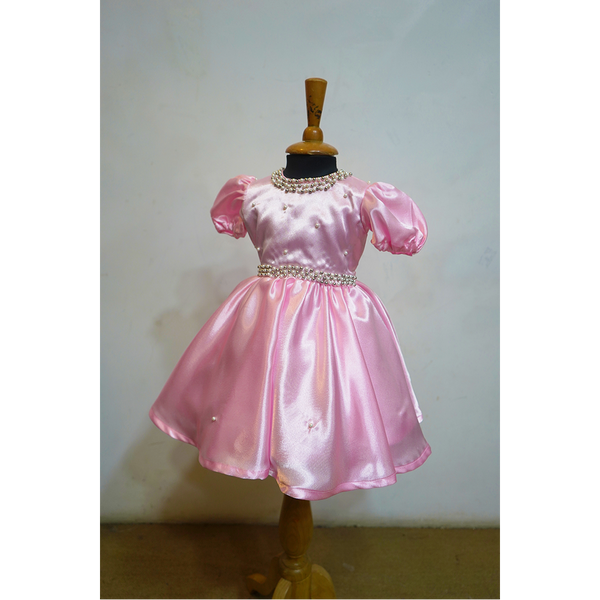 Pink Satin Pearl Party Wear Frock for Baby Girls