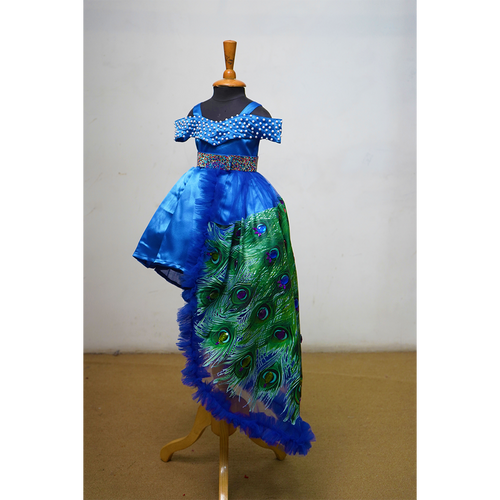 Blue Peacock-Themed High-Low Party Dress for Girls | Premium Birthday & Festive Wear