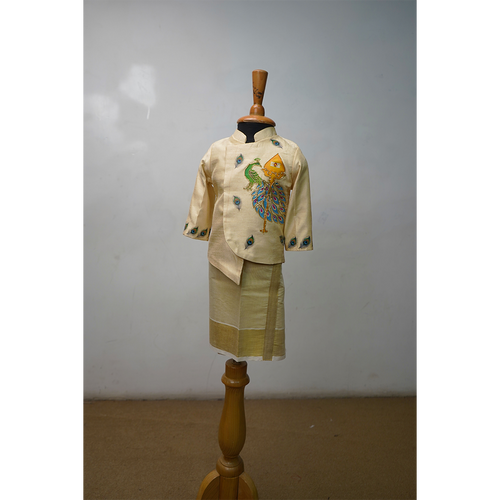 Ivory Hand-Printed  Peacock Veshti Set for Boys  Traditional Kids Ethnic Wear