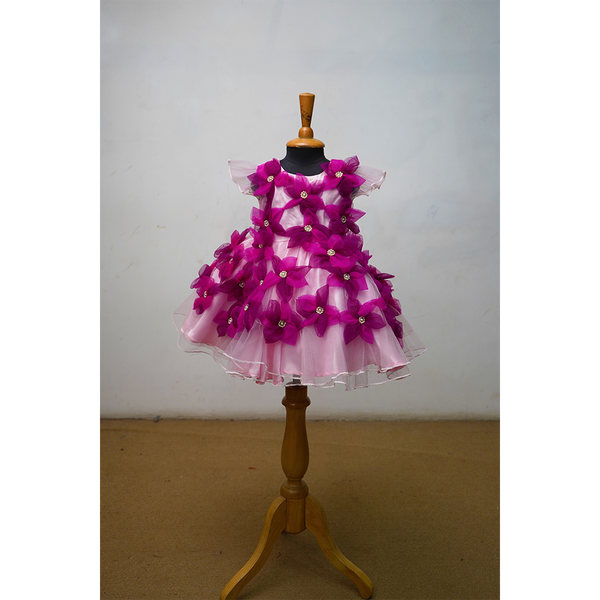 Pink 3D Floral Party Dress for Girls | Luxury Birthday Outfit | Princess Frock