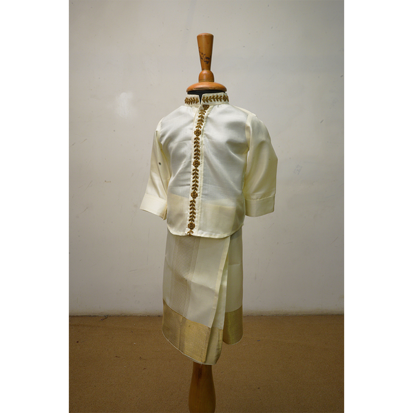 Cream & Gold Traditional Veshti Shirt Set for Boys | South Indian Kids Ethnic Wear