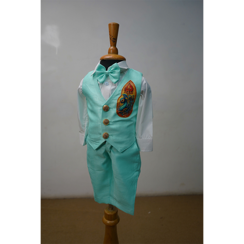 Mint Green Peacock Embroidered Kids Waistcoat Set  Boys Festive Outfit