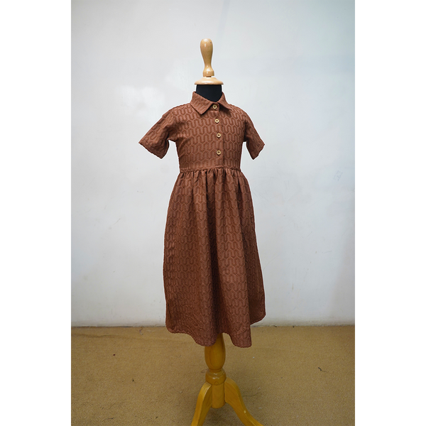 Elegant Brown Textured Cotton Dress for Girls  Classic Button-Down Party & Casual Wear
