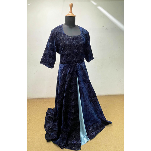Navy Blue Velvet Sequin Gown with Slit  Premium Party Wear Gown for Women