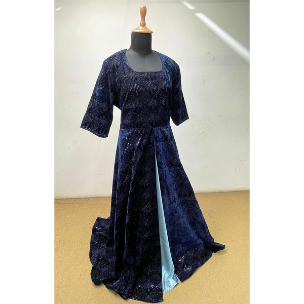 Navy Blue Velvet Sequin Gown with Slit  Premium Party Wear Gown for Women