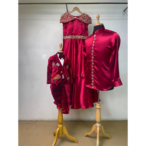 Red Family Matching Combo  Satin Gown, Designer Shirt & Kids Velvet Set