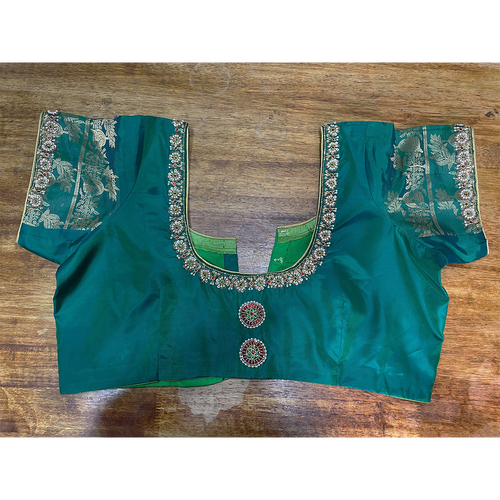 Emerald Green Silk Embroidered Blouse  Zari Sleeve Traditional Saree Blouse