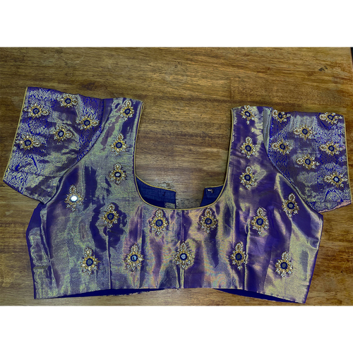 Purple & Gold Embroidered Silk Blouse  Mirror Work Traditional Blouse