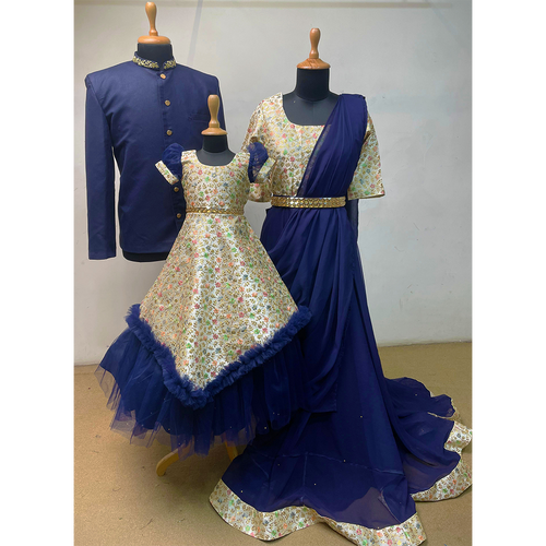 Royal Navy Blue & Floral Family Matching Outfit Set  Mom-Dad-Daughter Combo