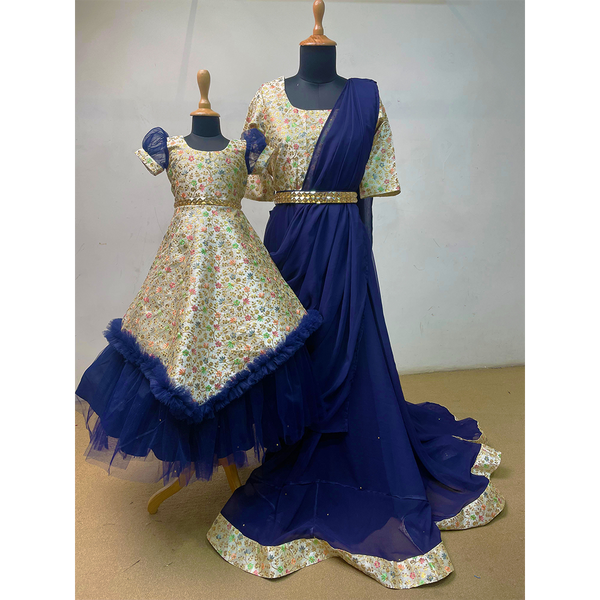 Royal Navy Blue & Floral Family Matching Outfit Set  Mom-Dad-Daughter Combo