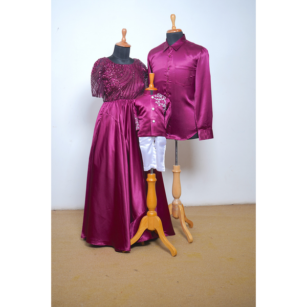 Family Matching Outfit Set in Wine – Includes Mom's Embellished Gown, Dad's Satin Shirt, and Baby Boy's Embroidered Waistcoat Set