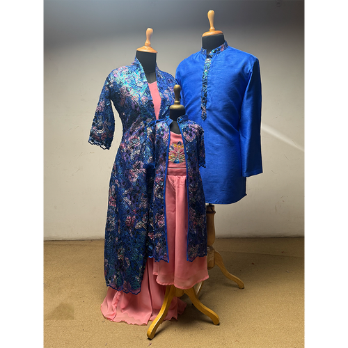 Royal Blue & Blush Pink Family Matching Ethnic Wear Set – Men’s Kurta, Women’s Long Jacket Dress & Kids Outfit