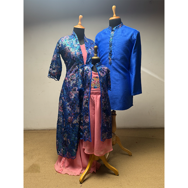 Royal Blue & Blush Pink Family Matching Ethnic Wear Set – Men’s Kurta, Women’s Long Jacket Dress & Kids Outfit