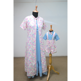 Mother and son pastel matching outfit – blue inner dress with pastel overlay for mom and suspender romper for baby boy