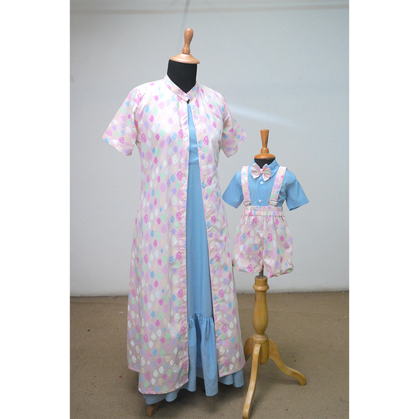 Mother and son pastel matching outfit – blue inner dress with pastel overlay for mom and suspender romper for baby boy