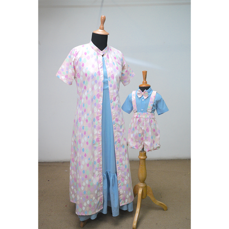 Mother and son pastel matching outfit – blue inner dress with pastel overlay for mom and suspender romper for baby boy