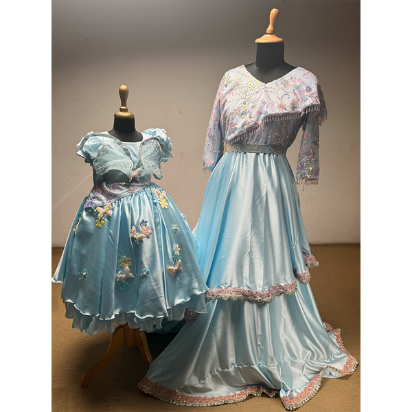 Elegant Sky Blue Mother & Daughter Matching Gown Set with Embroidery – Premium Party Wear for Special Occasions