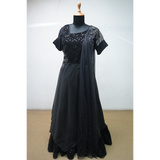 Elegant black Anarkali gown with sequin embroidery and dupatta – full view on mannequin