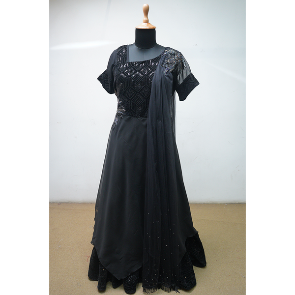 Elegant black Anarkali gown with sequin embroidery and dupatta – full view on mannequin