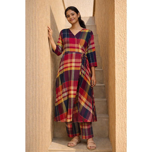 Crimson Checks Wrap Kurta & Pant Set