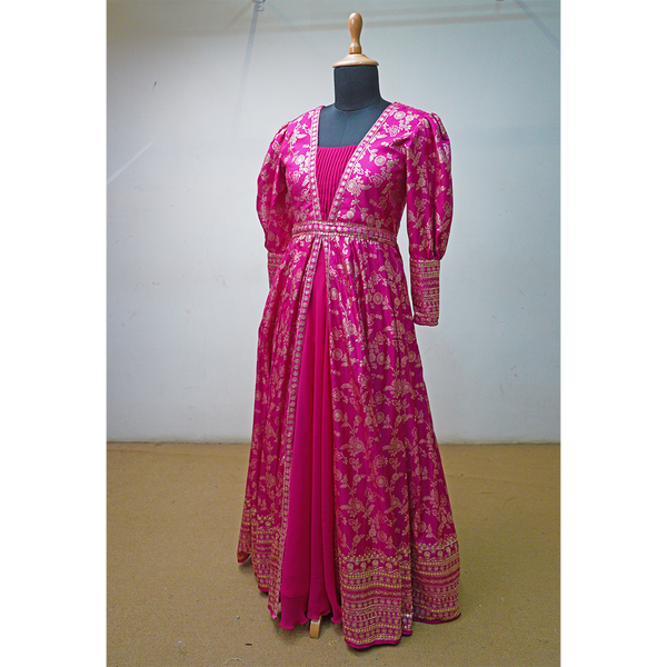 Royal Pink Floral Zari Work Long Ethnic Gown for Women – Festive & Wedding Wear