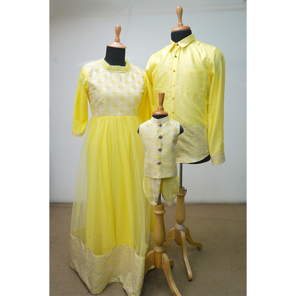 Family Matching Yellow Ethnic Wear Set – Gown for Mom, Shirt for Dad, and Kurta Set for Boy