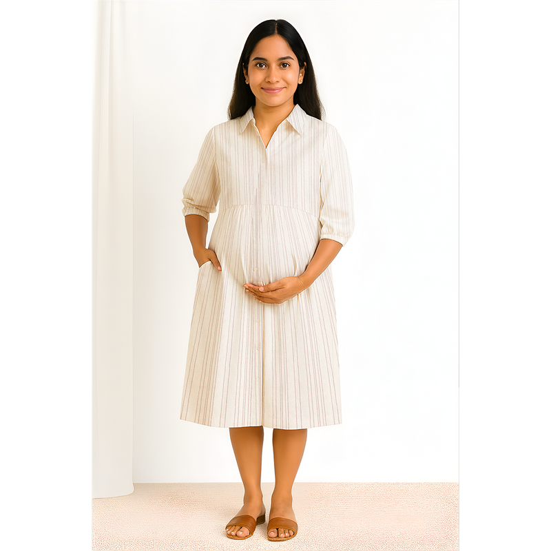 Ivory Mist Pinstripe Cotton Customised Maternity Wear.