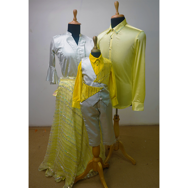 Yellow & Silver Family Matching Outfit Set – Premium Festive Coordinated Dress for Men, Women & Boys