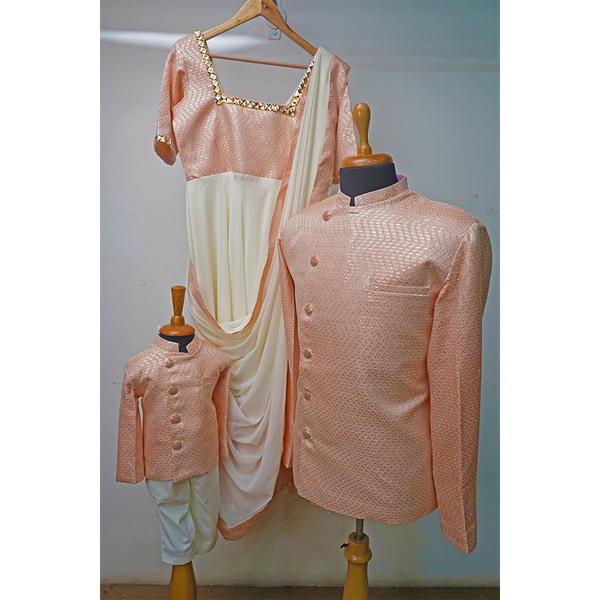 Peach Embroidered Family Matching Outfit Set – Men’s Indo-Western, Women’s Draped Gown & Kids Ethnic Wear  Peach Coordi