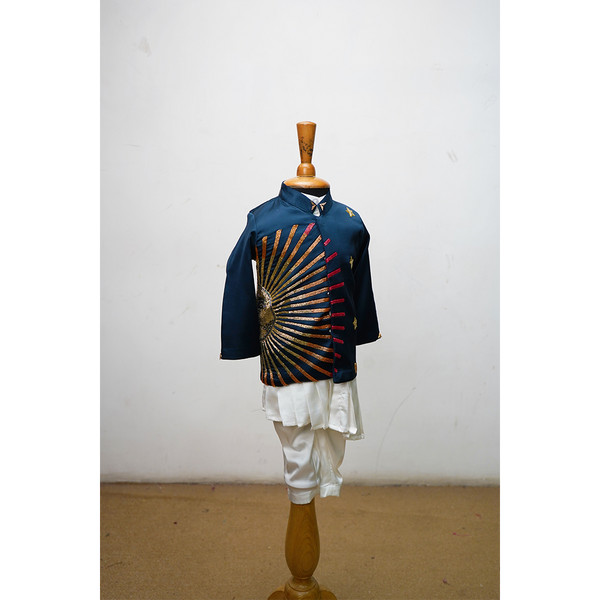 Boys Navy Blue Embroidered Indo-Western Kurta Set with Sunburst Jacket