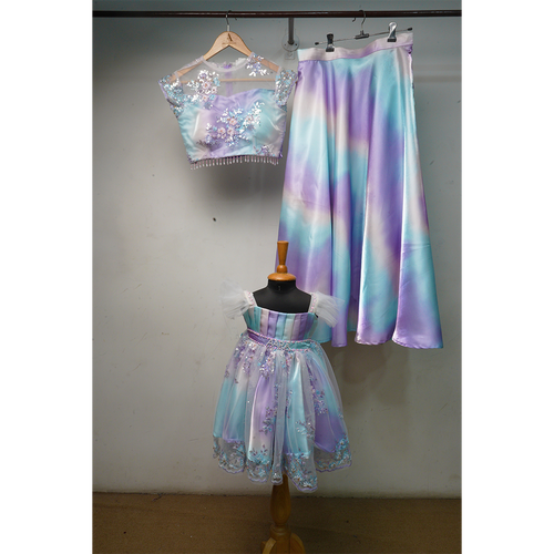 Mother & Daughter Pastel Ombre Embroidered Partywear Set | Twinning Satin Lehenga & Gown