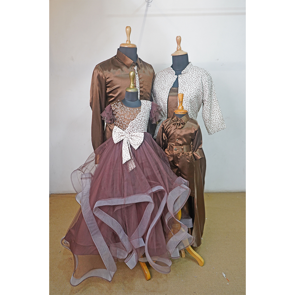 Family Matching Brown Ethnic Outfit Set – Party Wear Gown, Kurta Pajama & Shirt Set for Couples & Kids