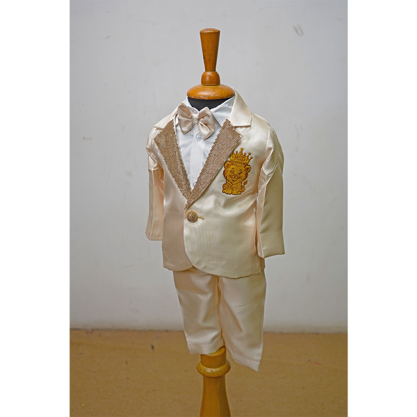 Premium Cream–Gold Baby Boys Party Suit Set | Bow Tie, Embroidered Blazer & Formal Pants