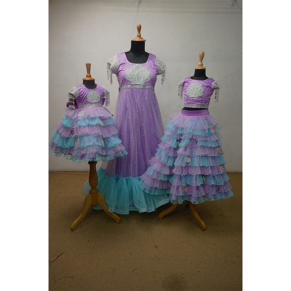 Lavender & Aqua Mermaid-Themed Family Outfit Set – Women & Girls Matching Party Wear