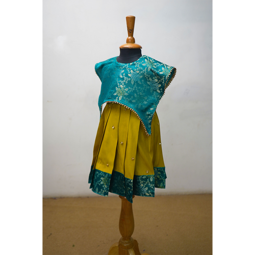 Teal & Mustard Designer Kids Ethnic Dress | Festive Brocade Top & Pleated Skirt Set