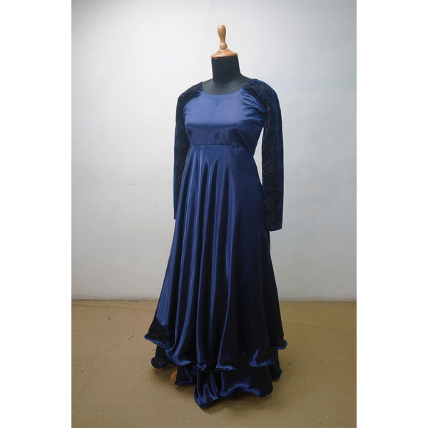 Navy Blue Satin Gown With Embroidered Sleeves | Women’s Evening & Reception Wear