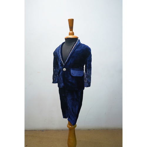 Navy Blue Velvet Boys Party Suit | Designer Embellished Blazer Set